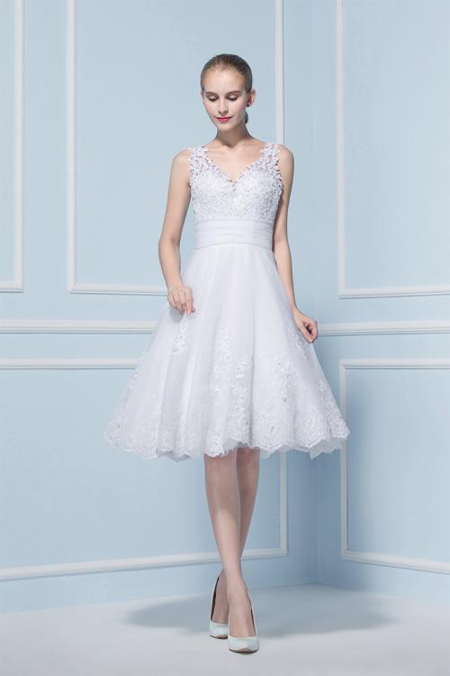 V Neck Sleeveless Short Lace Patterns Wedding Dress 