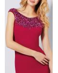 Sparkly Beaded Long Sheath Red Jersey Prom Dress with Cap Sleeves