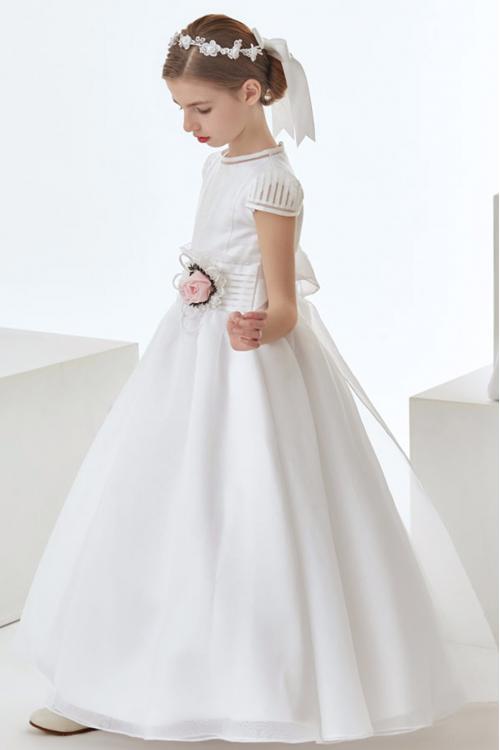 Jewel Neck Short Sleeve A-line Organza Long First Communion Dress with Flower 