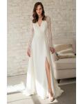  Elegant A-line V-neck Lace Long Illusion Sleeve Split Court Train Chiffon Reception Wedding Dresses