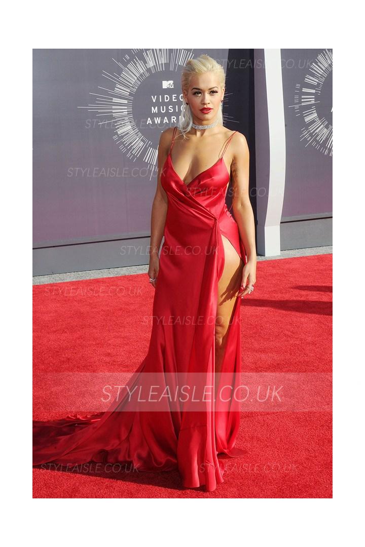 Sexy Backless Split High Thigh Long Satin Red Prom Dress 