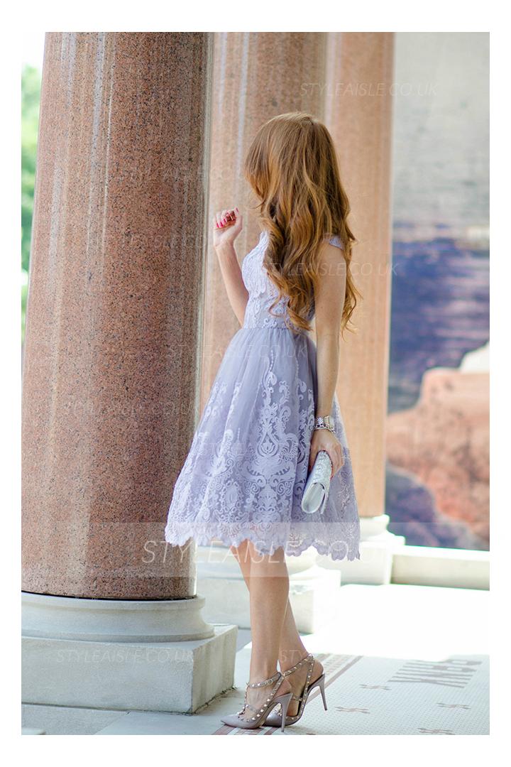  A-line Bateau Cap Sleeve Lace Knee-length Short Prom Dress