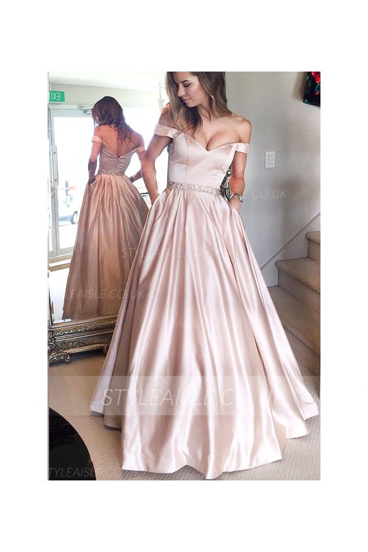 Elegant Off Shoulder Beading Long A-line Blushing Pink Prom Dress 