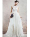 Sleeeveless Illusion Neck Lace Bodice Ball Gown Cascaded Tulle Wedding Dress 