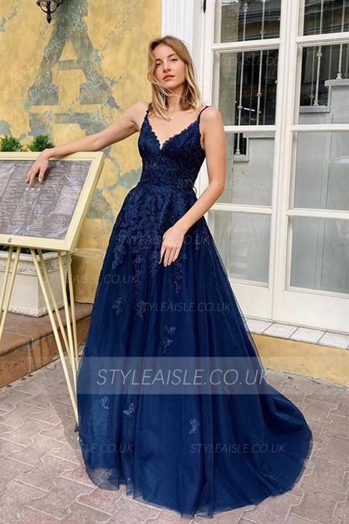 Spaghetti Straps Sleeveless Lace Appliques Floor length Long Tulle Prom Dresses