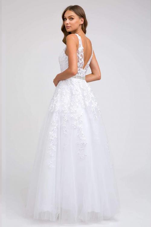  A-line V-neck Sleeveless Lace Appliques Beading Tulle Floor-length Tulle Prom Dress