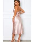 Blush Pink Spaghetti Straps Sleeveless Tea-length Long Charmeuse Bridesmaid Dress