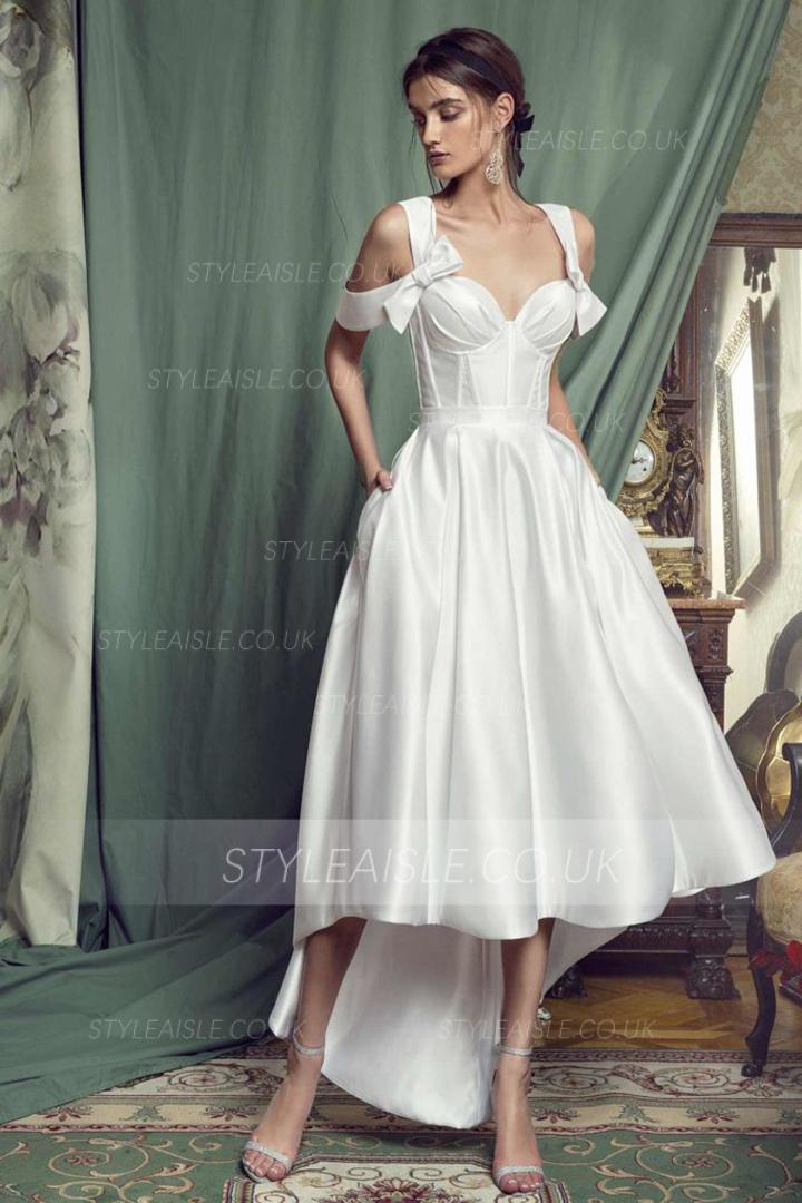  A-line Shoulder Straps Bows Asymmetrical/High Low Long Satin Wedding Dresses with Pockets 