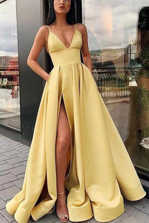  A-line V-neck Sleeveless Split Floor-length Long Satin Prom Dress