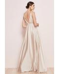  A-line Deep V-neck Sleeveless Ruching Empire Waist Floor-length Long Charmeuse Prom Dresses