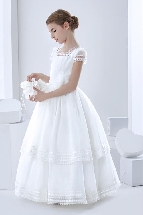 Ball Gown Short Sleeve Hand Made Flowers Floor-length Organza Communion Dress