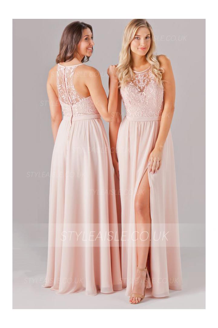 Blush Sleeveless Bateau Neck Long Blush Chiffon Bridesmaid Dress with Split