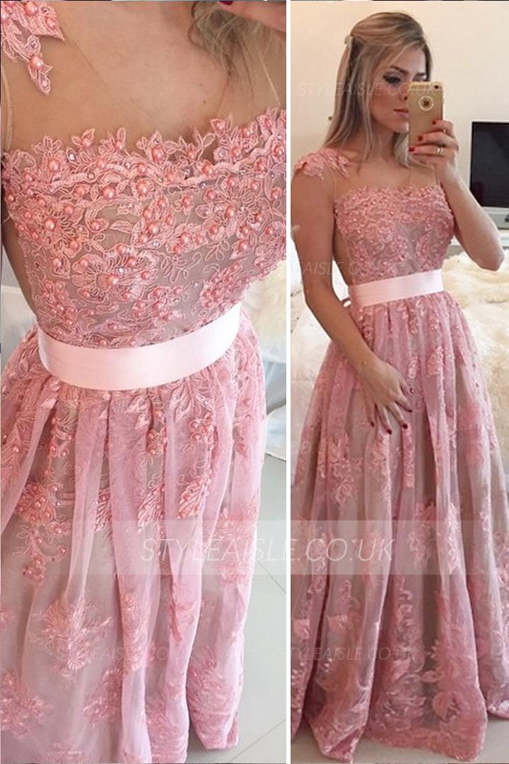 V-neck Lace Pearl Decoration Floor-length Long Tulle Prom Dress with Buttons Back