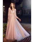  A-line V-neck Long Sleeves Lace Appliques Sweep/Brush Train Long Tulle Prom Dresses with Pearl Buttons