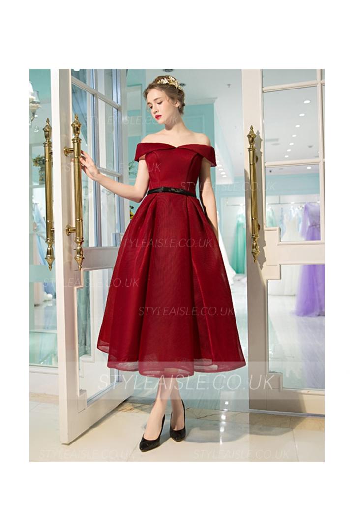 A-line Tea Length Off Shoulder Burgundy Organza Prom Dress 