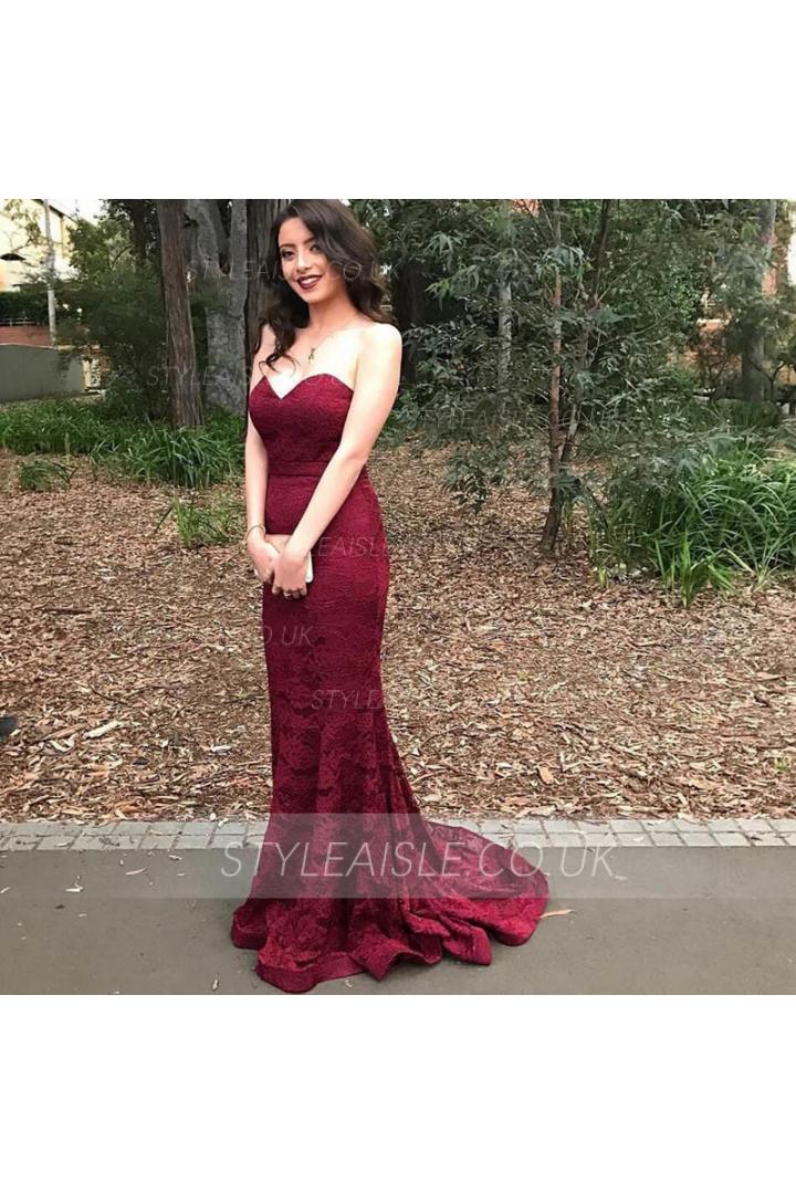 Vintage Sweetheart Long Burgundy Lace Prom Dress