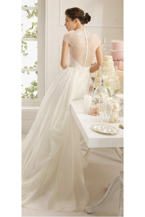 Vintage Lace Detail V Neck A-line Long Chiffon Wedding Dress with Full Back 