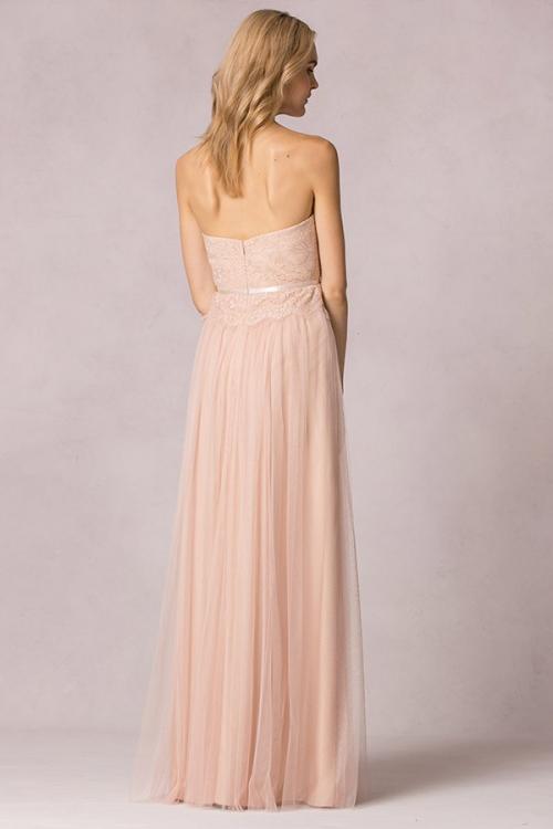 Strapless Sweetheart Pleated Lace Top Blush Tulle Bridesmaid Dress with Ribbon 