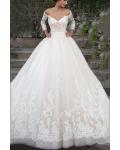 Illusion Off Shoulder Lace Bodice Ball Gown 3/4 Sleeves Sweep Train Wedding Dress with Sash 
