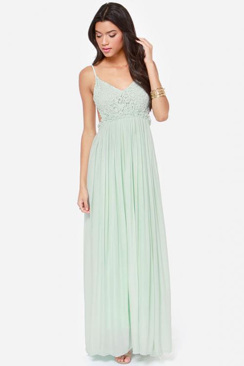 Backless Lace Bodice Spaghetti Straps Long Chifon Bridesmaid Dress 