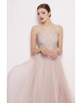  A-line Deep V-neck Sleeveless Empire Waist Lace Floor-length Long Tulle Prom Dresses with 2 Sashes