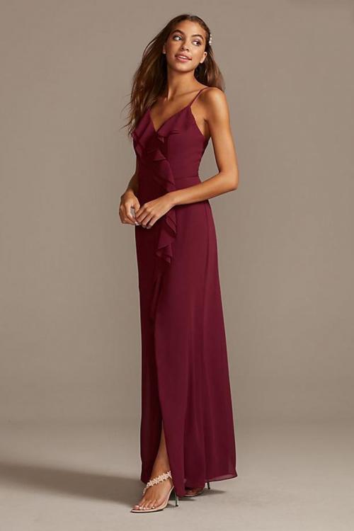  Sheath/Column Spaghetti Straps V-neck Sleeveless Ruffles Split Floor-length Long Chiffon Bridesmaid Dresses