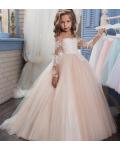 Lovely Blush Boho Inspired Lace Overlay Long Sleeved Off Shoulder Ball Gown Flower Girl Pageant Dress