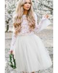  Two Piece A-line Long Sleeves Lace Knee length Short Wedding Dresses with Tulle Underskirt