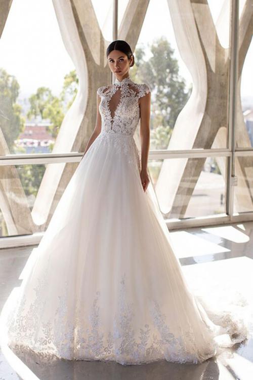 Sexy A-line High Neck Cap Sleeves Appliques Lace Sweep/Brush Train Long Tulle Wedding Dresses with Buttons Back