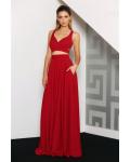Shoulder Straps Crop Top Red Chiffon Long Evening Dress 