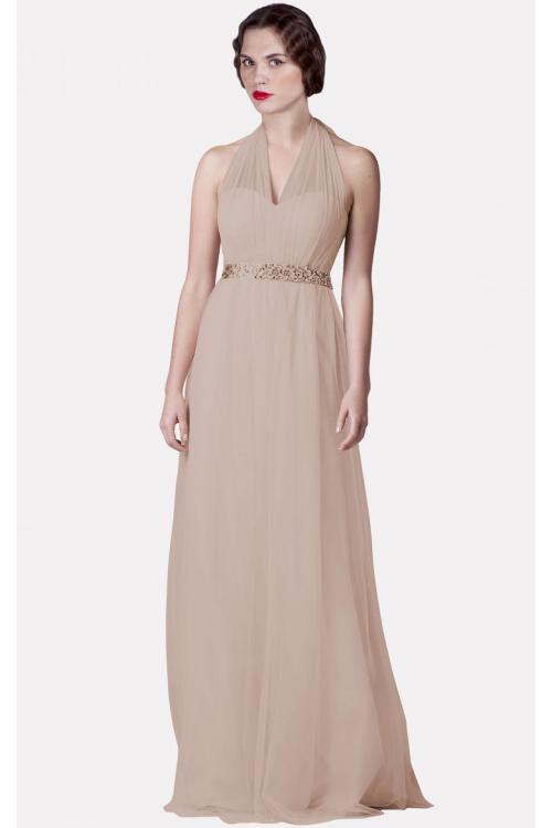 A-line Floor-length Sleeveless Tulle Halter Bridesmaid Dresses