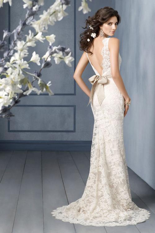 V Back Illusion Neck Sleeveless Sheath Lace Patterns Wedding Dress with Sash 