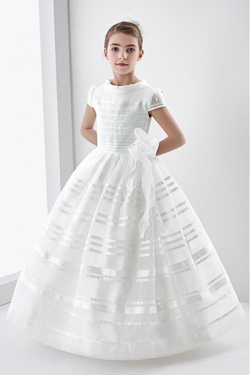 Nectarean Ball Gown Short Sleeve Hand Made Flowers Floor-length Communion Dresses