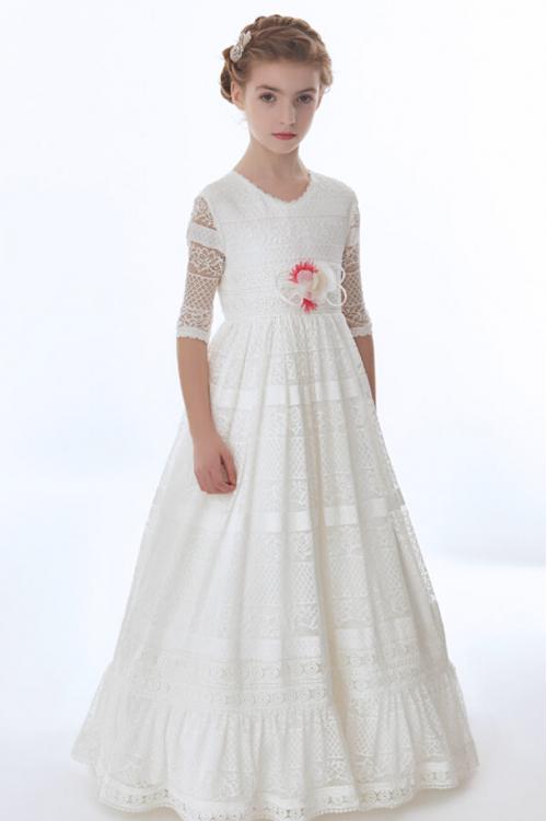 Vintage Jewel Neck 3/4 Sleeved Lace First Communion Dress with Flower 