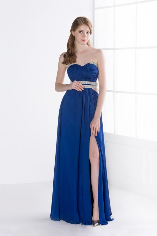 Long Royal Blue Strapless Side Beaded Cut Out Split Front Prom Dress 