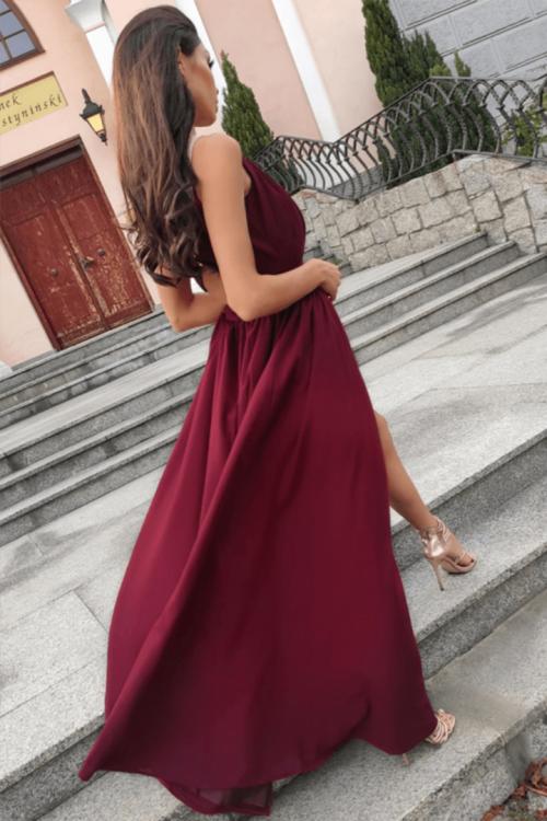 Glamorous Split Floor-length Long Chiffon Bridesmaid Dress Jewel Neckline Evening Dress