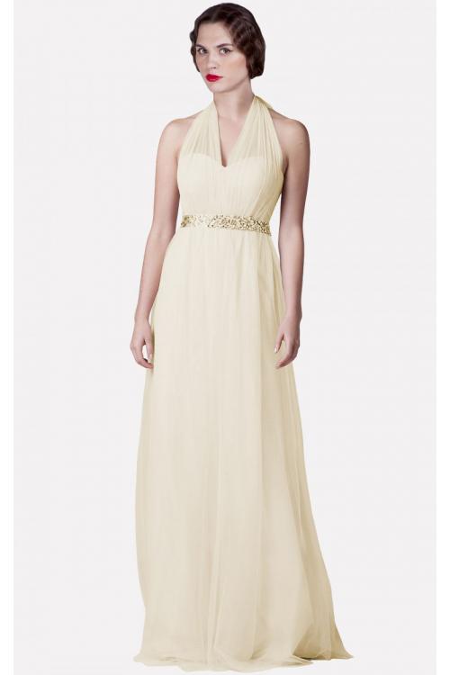 A-line Floor-length Sleeveless Tulle Halter Bridesmaid Dresses