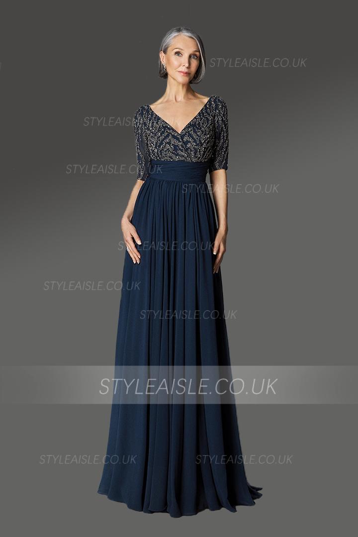  Designer A-line V-neck Half-Sleeves Beading Sweep/Brush Train Long Cocktail Dresses with Ruching Waist