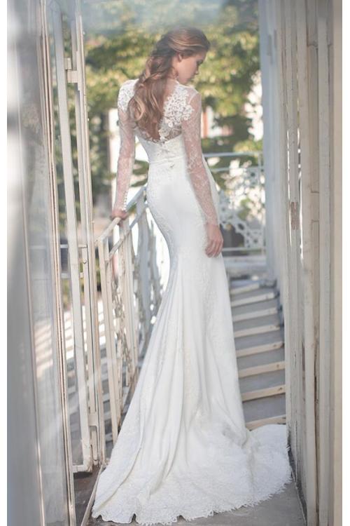 Ivory High Neck Long Sleeves Sheath Lace Wedding Dress with Ribbon 