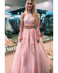 Elegant Two-Piece Halter Neckline Lace Appliques Floor-length Long Tulle Prom Dress