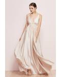  A-line Deep V-neck Sleeveless Ruching Empire Waist Floor-length Long Charmeuse Prom Dresses