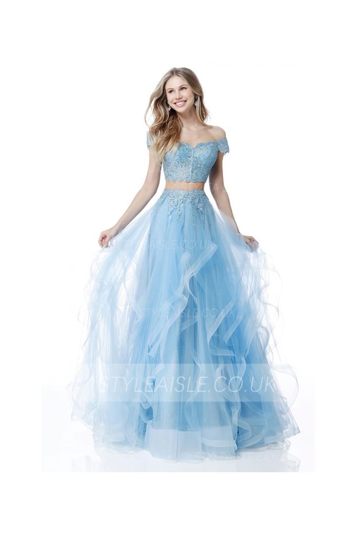 Modern Two Piece Sequin Lace Off Shoulder Long Sky Blue Tulle Prom Dress