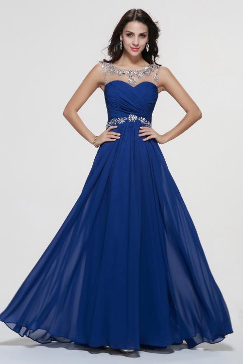 Illusion Neck A-line Long Royal Blue Chiffon Prom Dress 