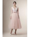 Tea Length Illusion Neck Long Sleeve Lace Pearl Pink Tulle Bridesamid Dress with Ribbon 