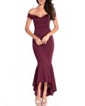 Mermaid Burgundy Off Shoulder Satin Tea Length Prom Dress 
