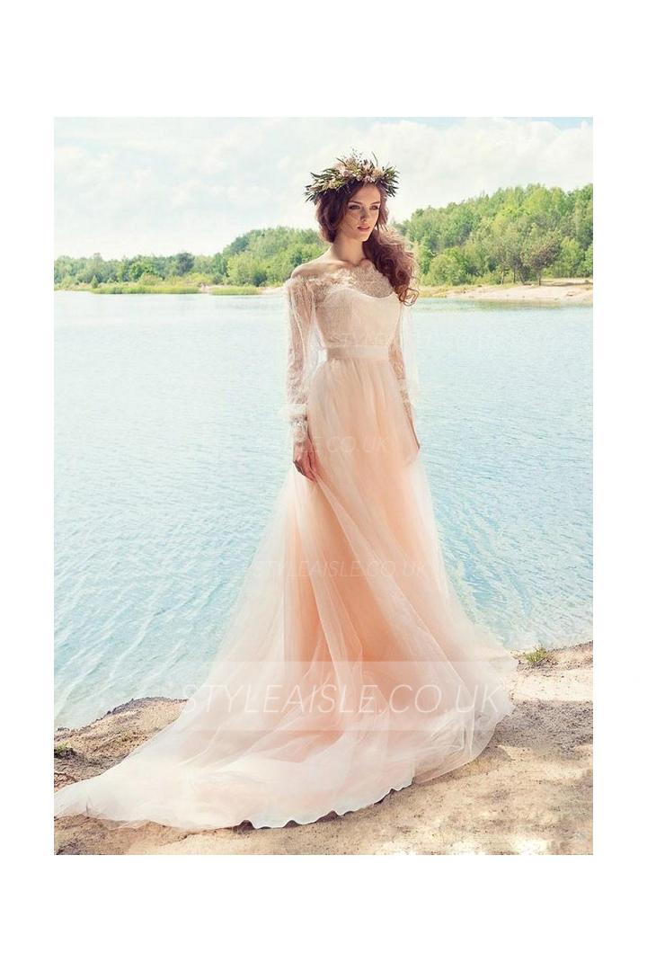 Vintage Long Sleeve Lace Bodice Blush Tulle Beach Wedding Dress