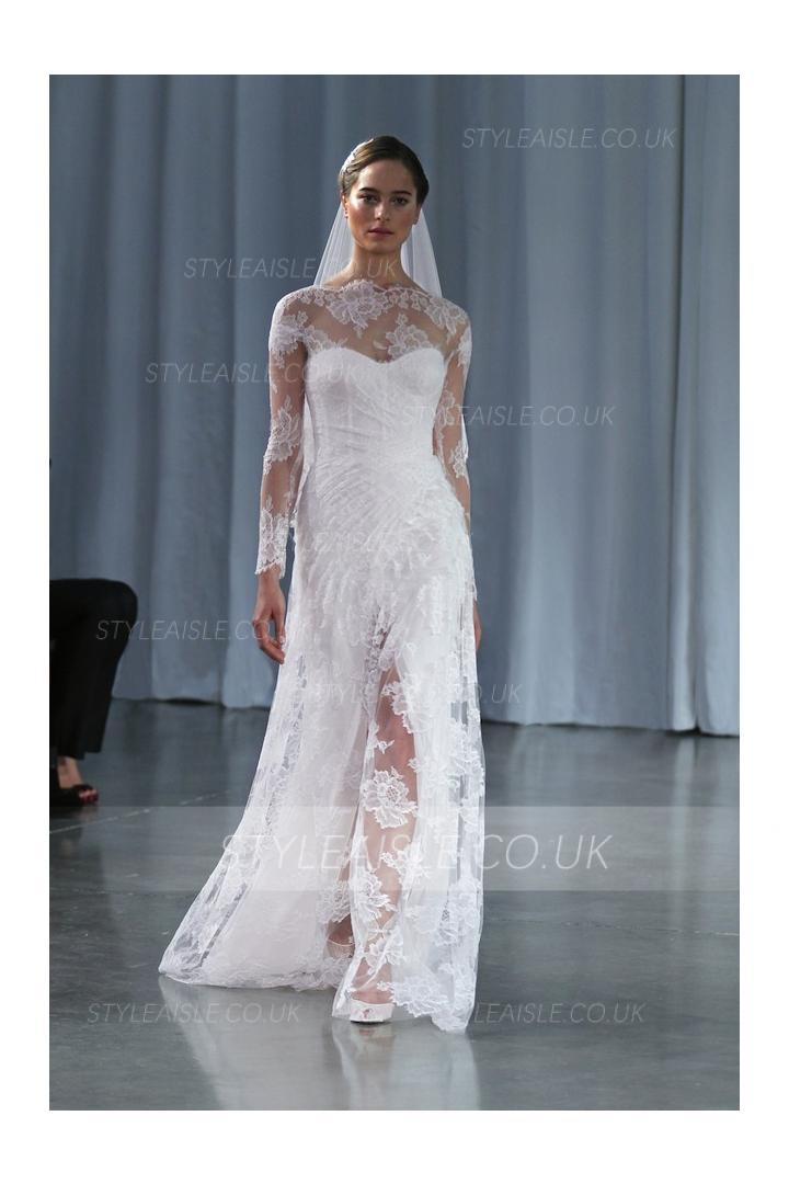 Illusion High Neck Lace Patterns A-line Front Split Lace Wedding Dress 