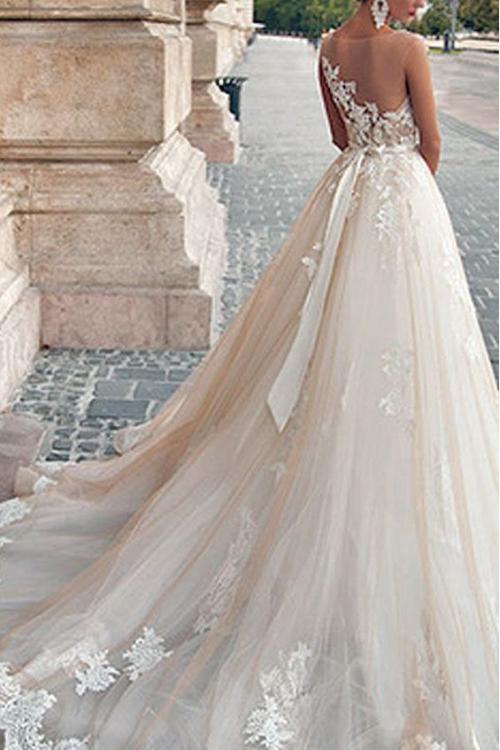 Vintage Inspired Sleeveless Illusion Neck Lace overlay Blush Tulle Wedding Dress with Sash 