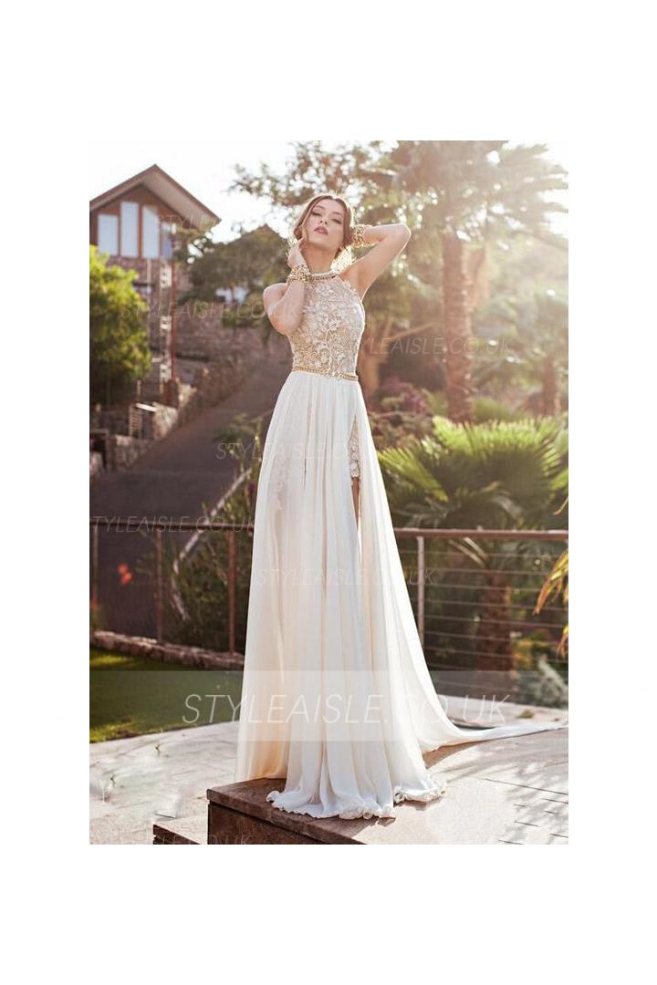 Beaded High Neck Lace Pattern Bodice Split Backless Chiffon Prom Dress
