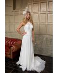 Halter Neck Pleated Illusion Long Chiffon Wedding Dress with Floral Lace Band 